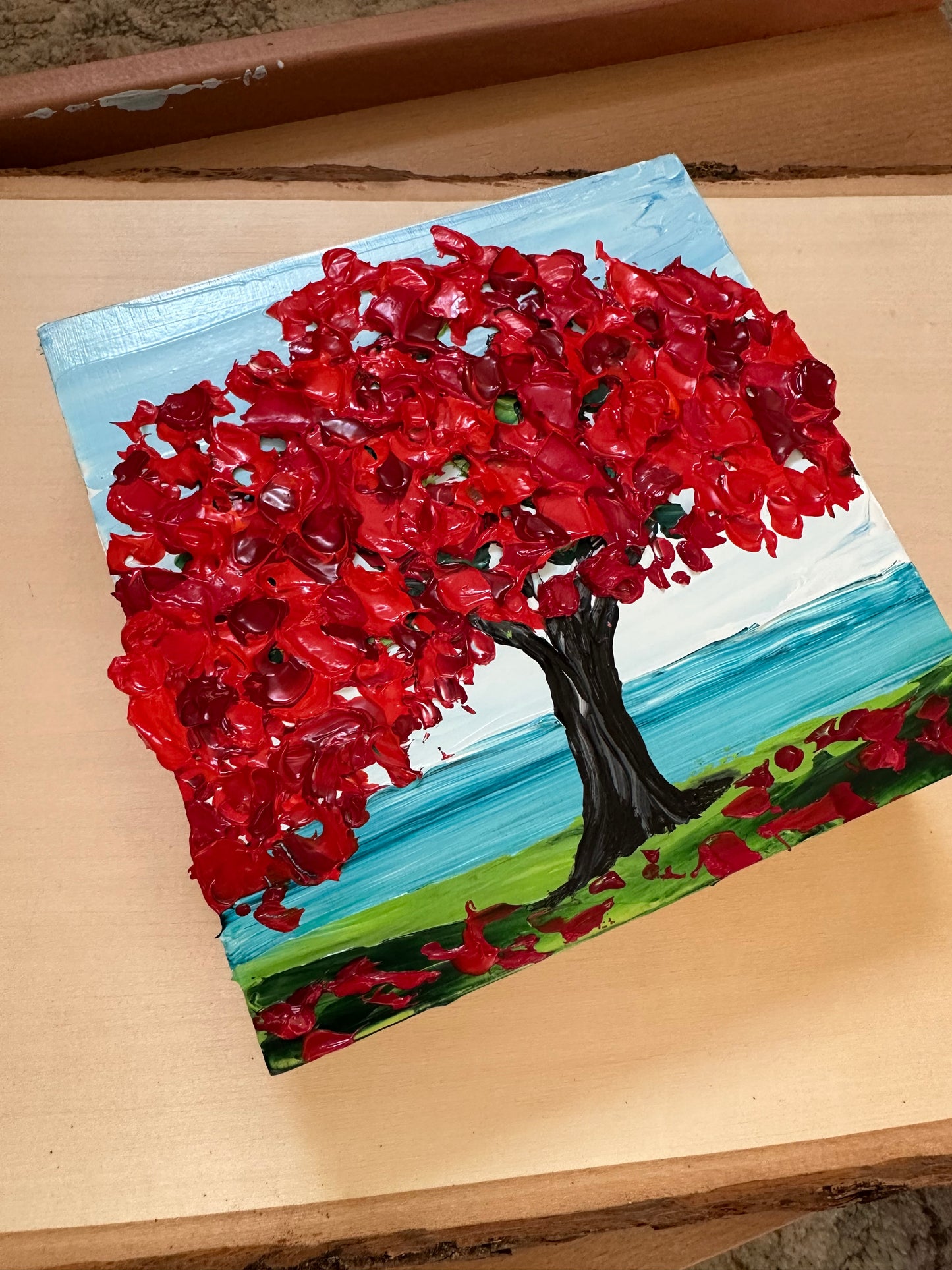 Textured Red Tree Painting on Wood Panel – 6x6 Original Artwork for Home Décor