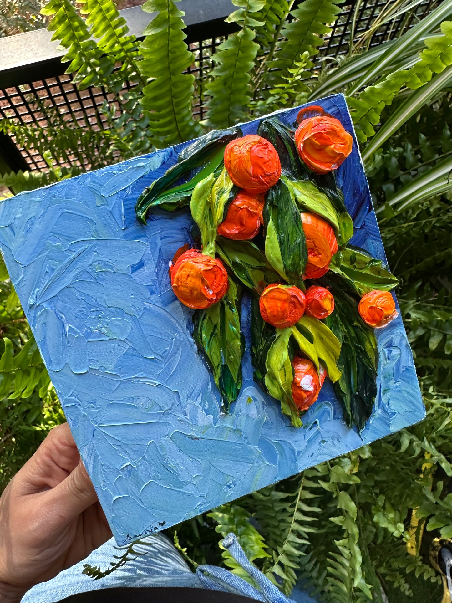 Textured Orange Tree Painting on Wood Panel – 6x6 Original Art for Home Décor