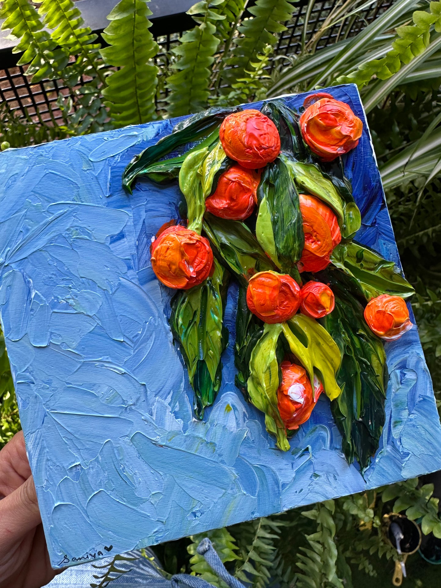 Textured Orange Tree Painting on Wood Panel – 6x6 Original Art for Home Décor