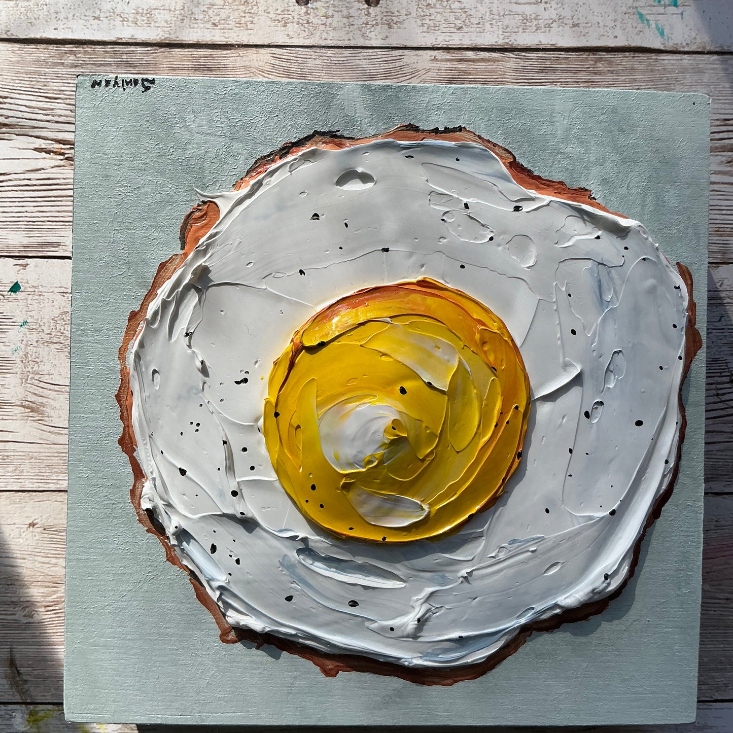 Sunny Side Up - Fried Egg Thick Painting on Wood | Original Art