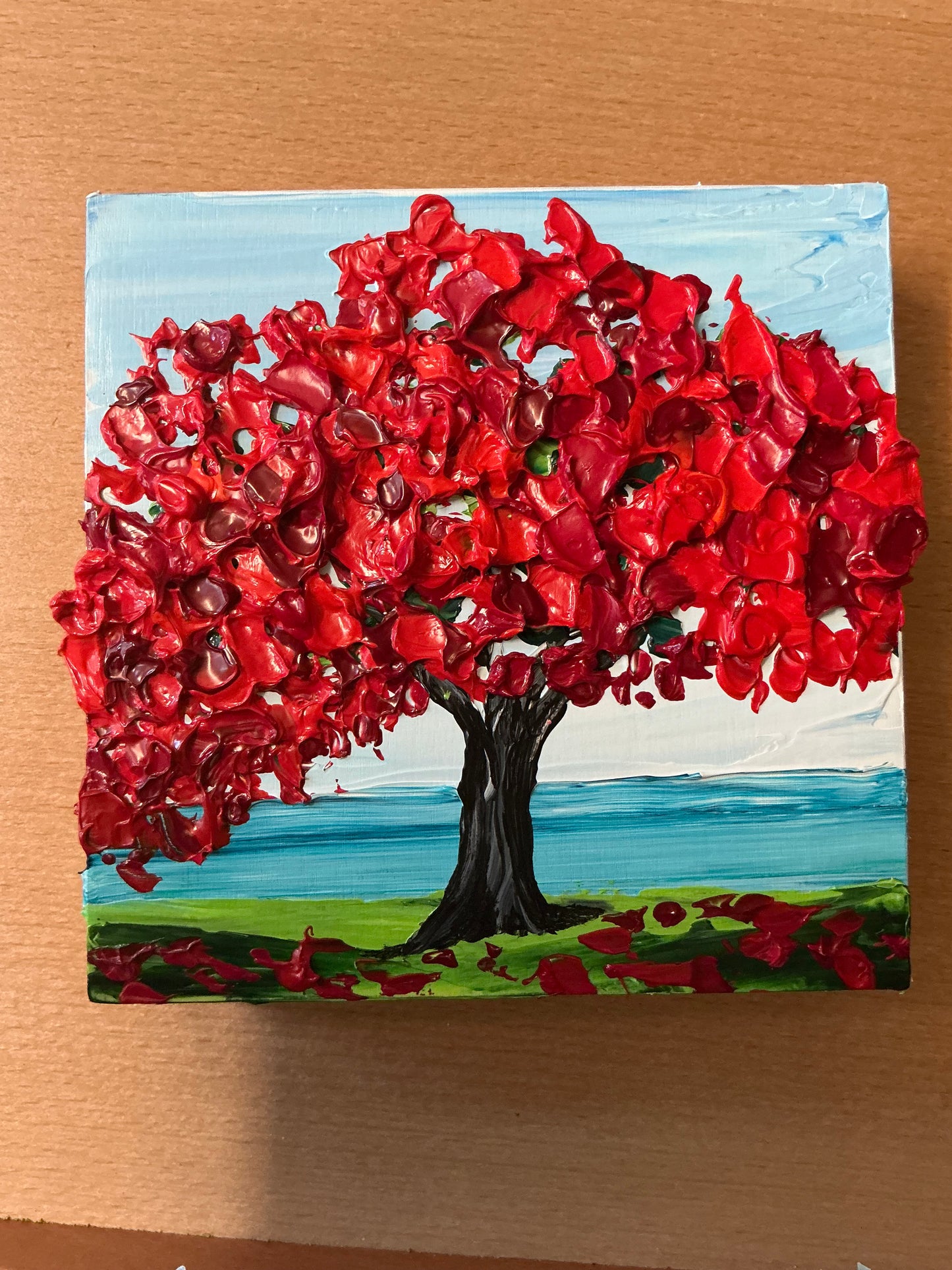 Textured Red Tree Painting on Wood Panel – 6x6 Original Artwork for Home Décor