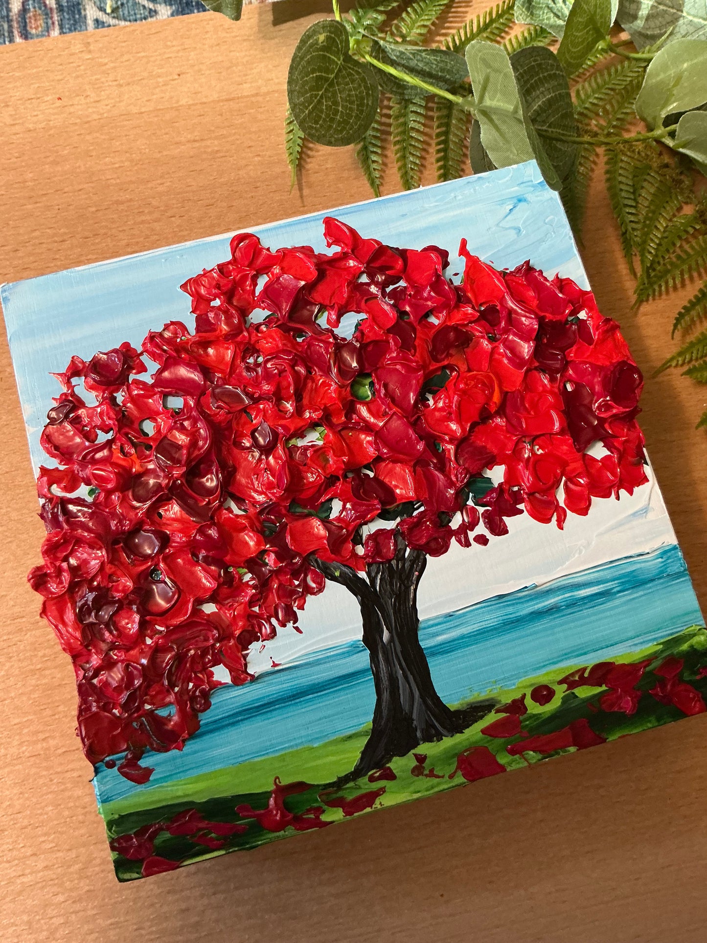 Textured Red Tree Painting on Wood Panel – 6x6 Original Artwork for Home Décor