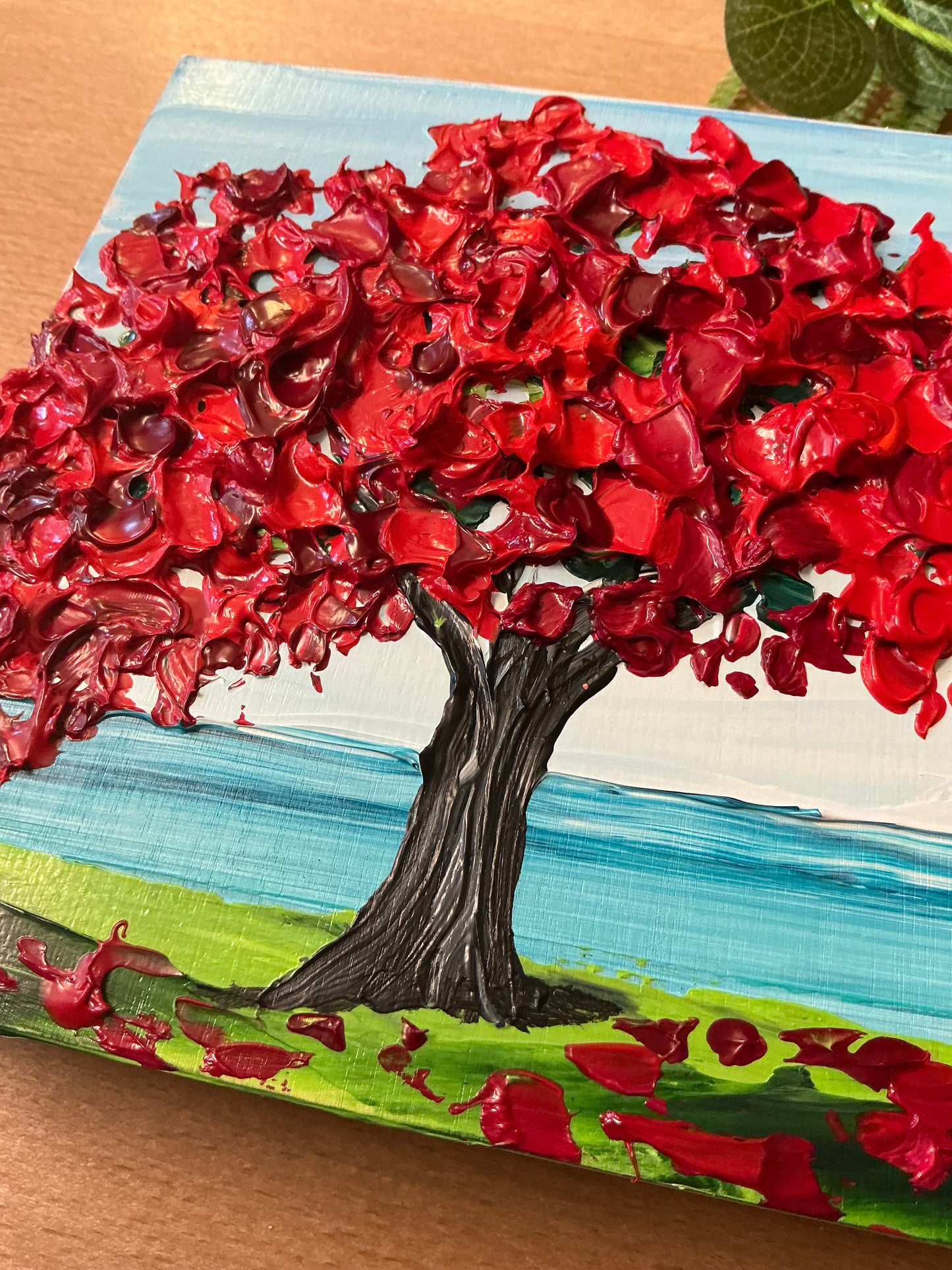 Textured Red Tree Painting on Wood Panel – 6x6 Original Artwork for Home Décor