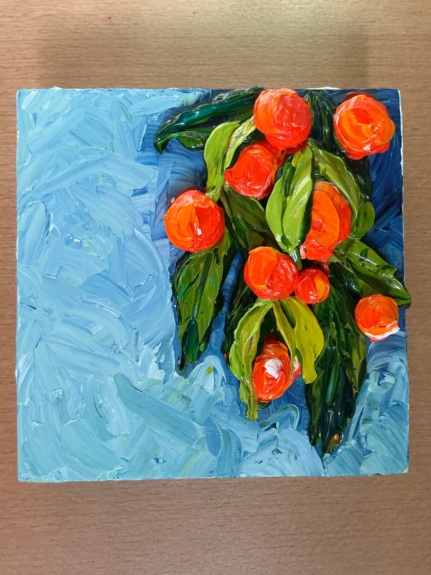 Textured Orange Tree Painting on Wood Panel – 6x6 Original Art for Home Décor