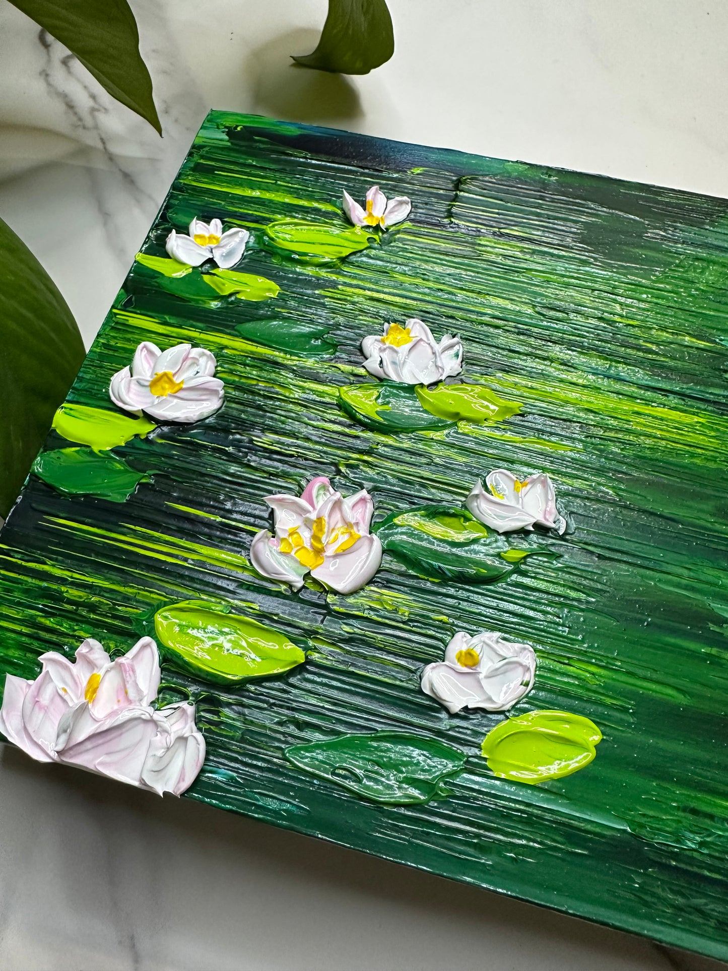 Water Lily Textured Art on Wood – 6x6 Original Handmade Floral Painting