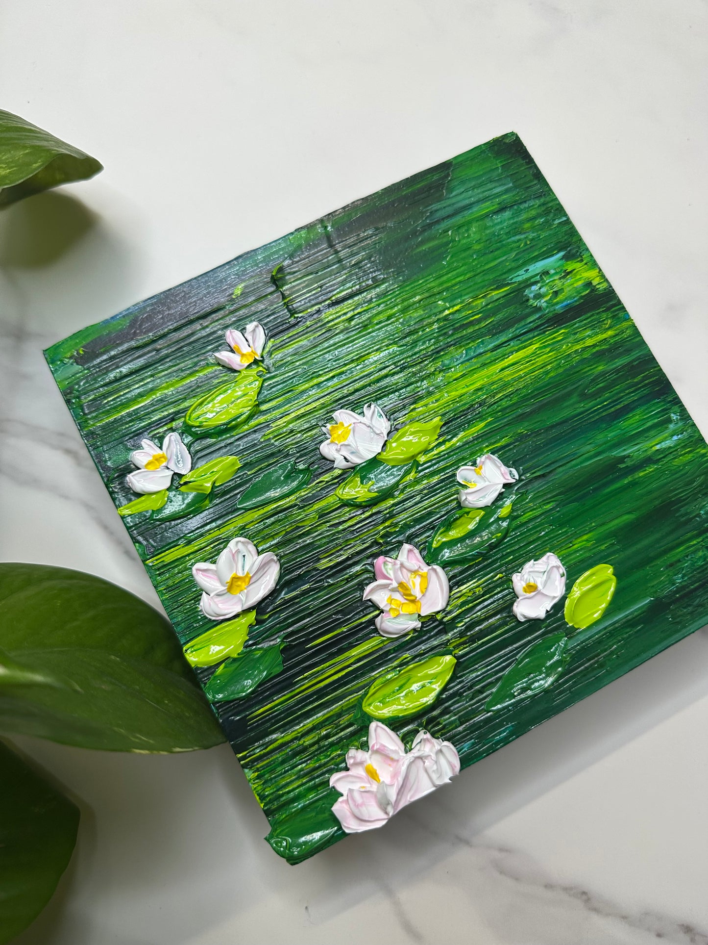 Water Lily Textured Art on Wood – 6x6 Original Handmade Floral Painting
