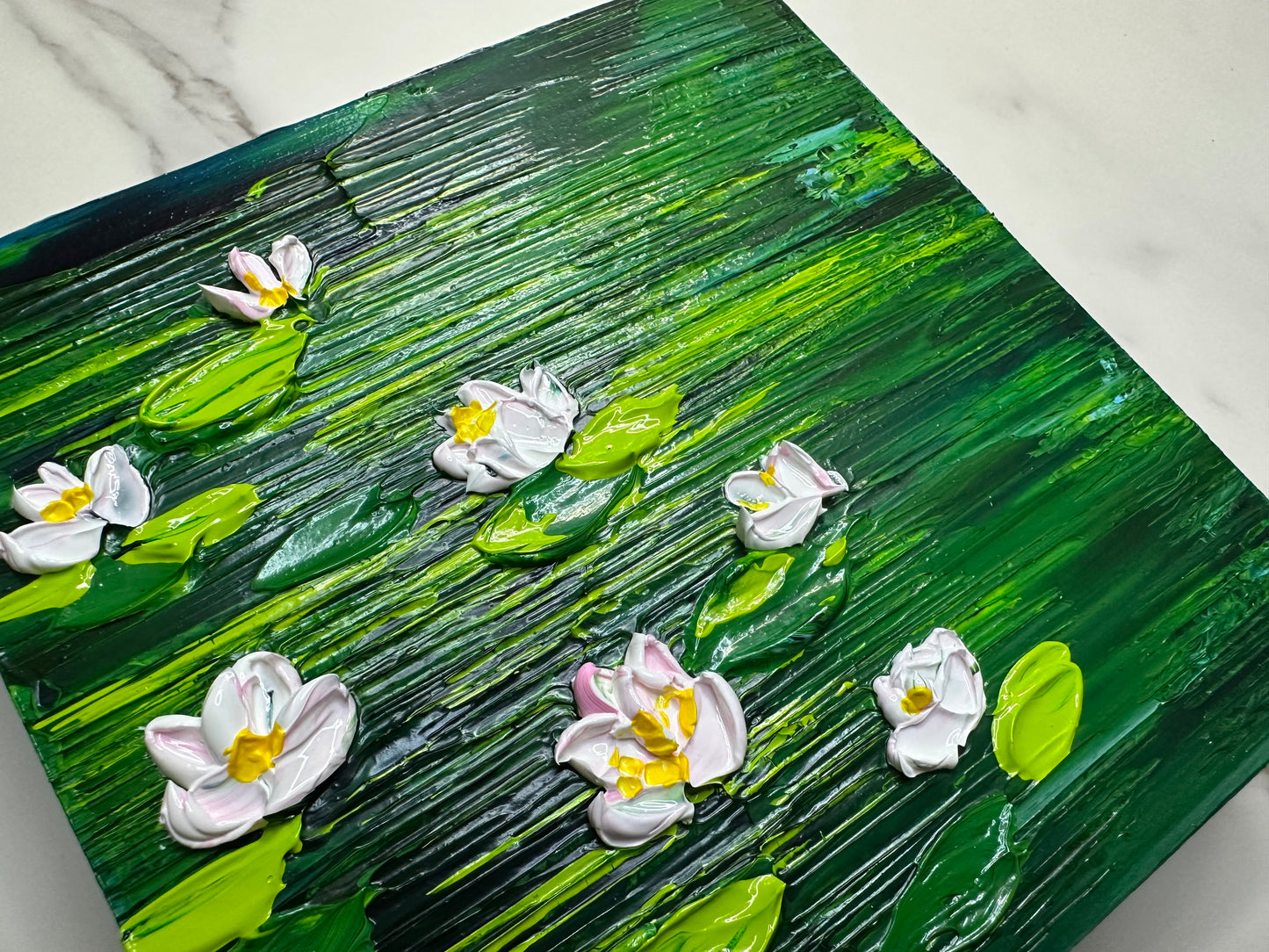 Water Lily Textured Art on Wood – 6x6 Original Handmade Floral Painting