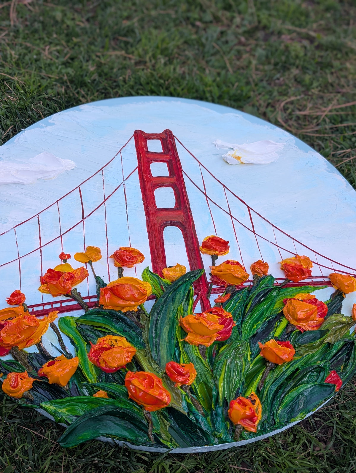 Original 3D Textured California Poppies & Golden Gate Bridge Painting on 24-Inch Round Canvas