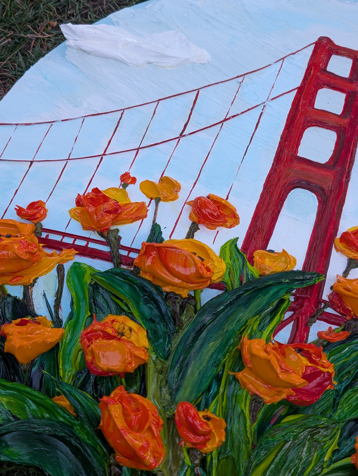 Original 3D Textured California Poppies & Golden Gate Bridge Painting on 24-Inch Round Canvas