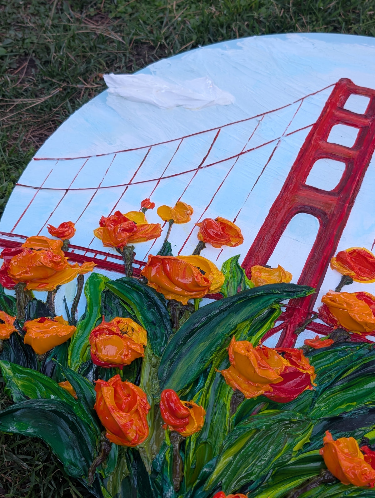 Original 3D Textured California Poppies & Golden Gate Bridge Painting on 24-Inch Round Canvas