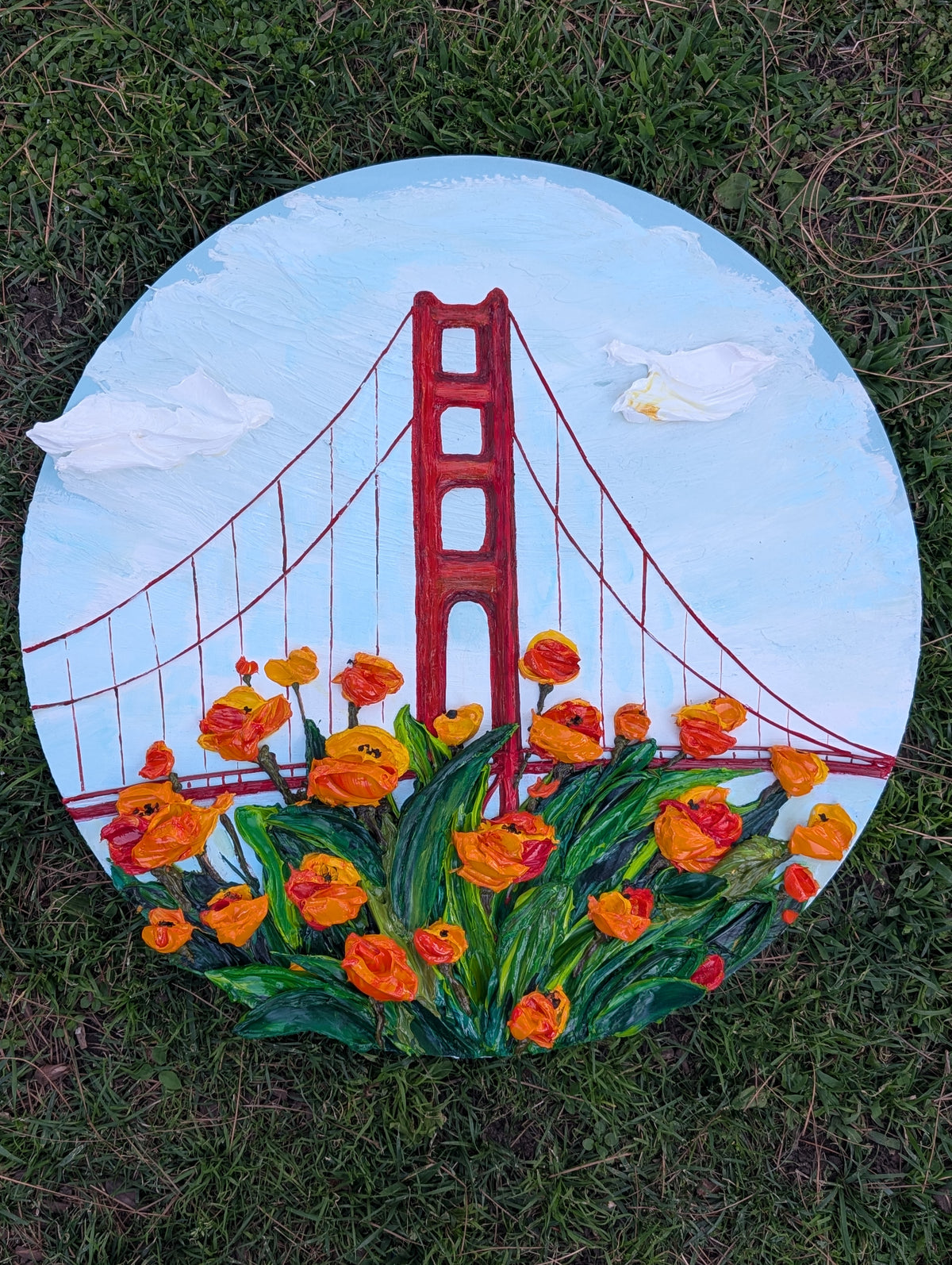 Original 3D Textured California Poppies & Golden Gate Bridge Painting on 24-Inch Round Canvas