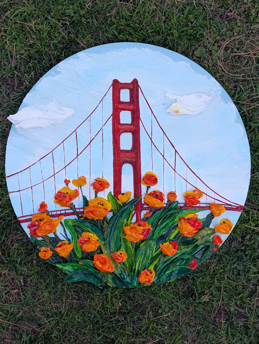 Original 3D Textured California Poppies & Golden Gate Bridge Painting on 24-Inch Round Canvas