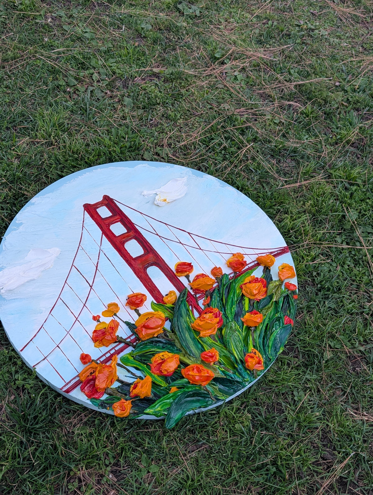 Original 3D Textured California Poppies & Golden Gate Bridge Painting on 24-Inch Round Canvas