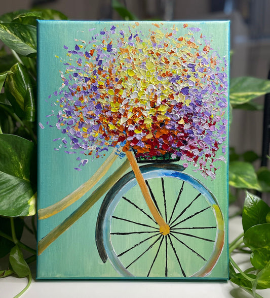 Happiness | textured floral art | bicycle full of flowers